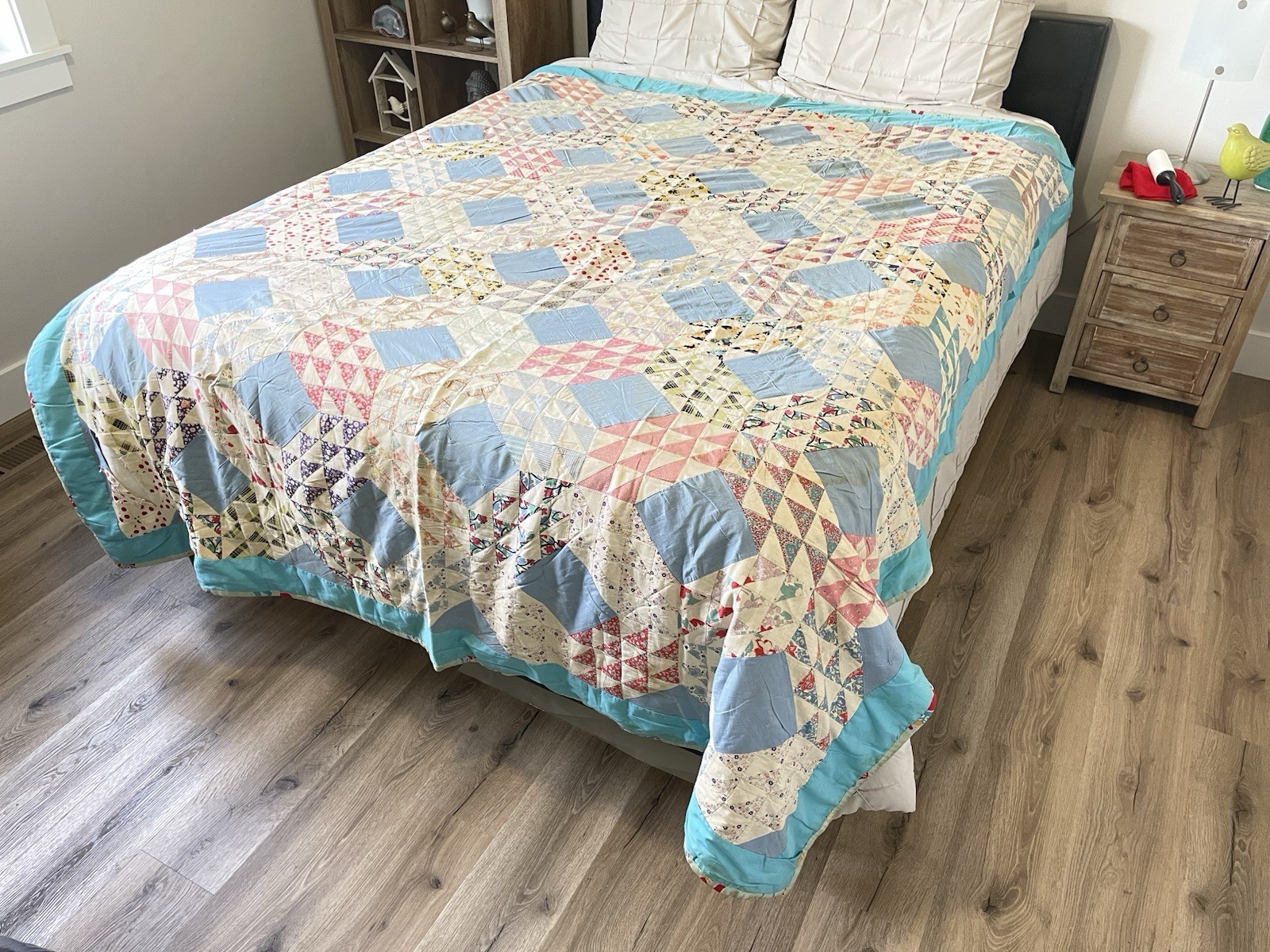 Vintage Ocean Waves Patchwork Quilt Blue Hand Tied Football Backing Repair