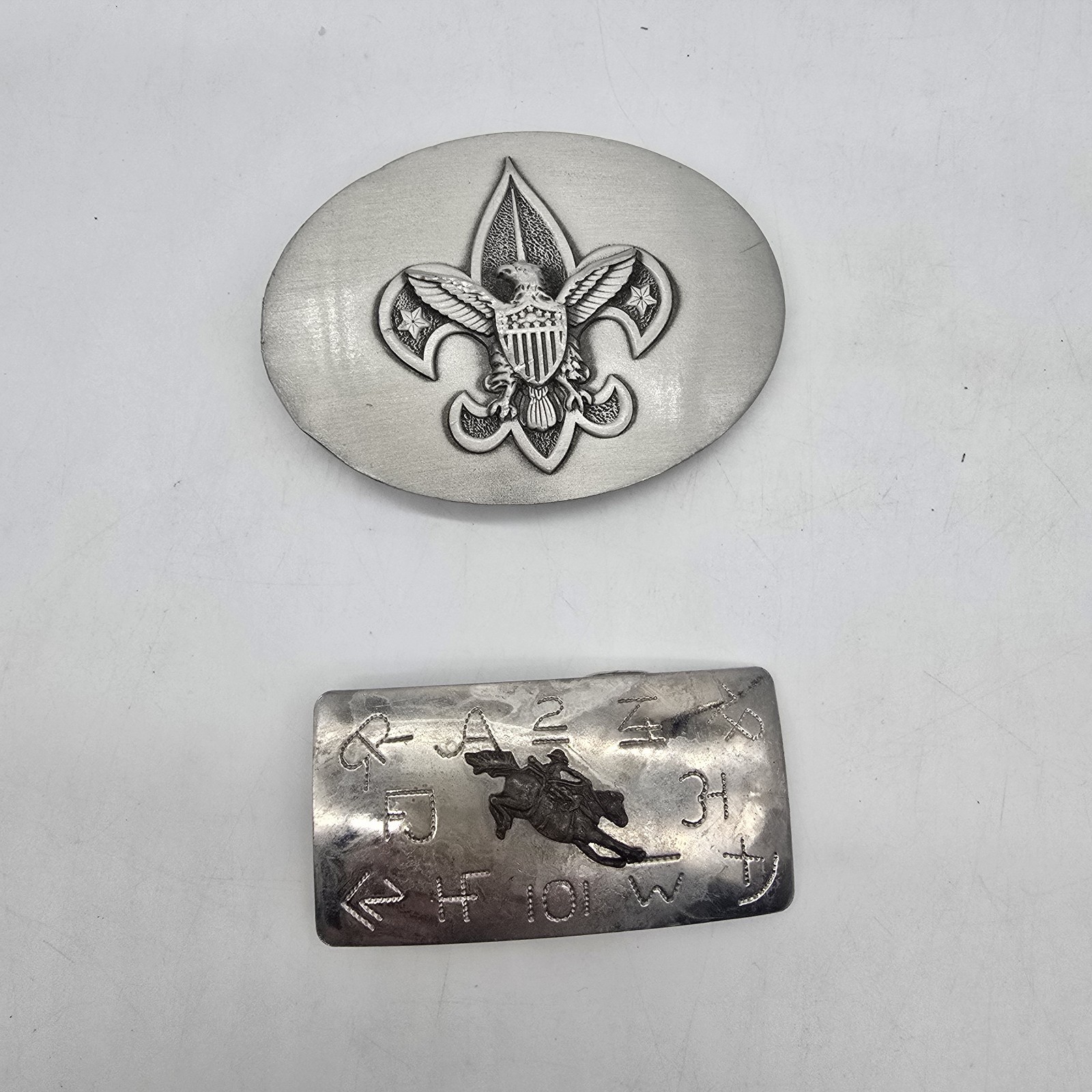 2x BSA Boy Scout Belt Buckles Fine Pewter Symbol Bucking Bronco Logo Emblem