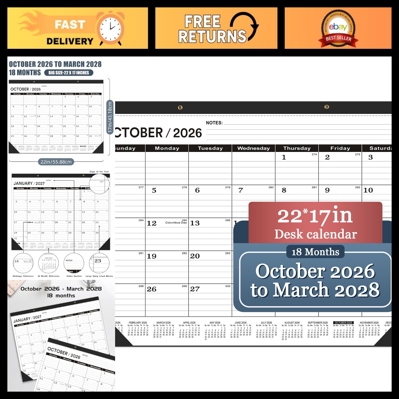 Large Desk Calendar 2026-2027 | October 2026 to March 2028 | 22\