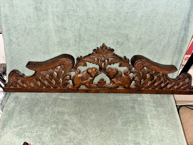 Vintage Hand Carved Wooden Pediment Featuring Paired Elephants 36\ Vintage Hand Carved Wooden Pediment Featuring Paired Elephants 36\
