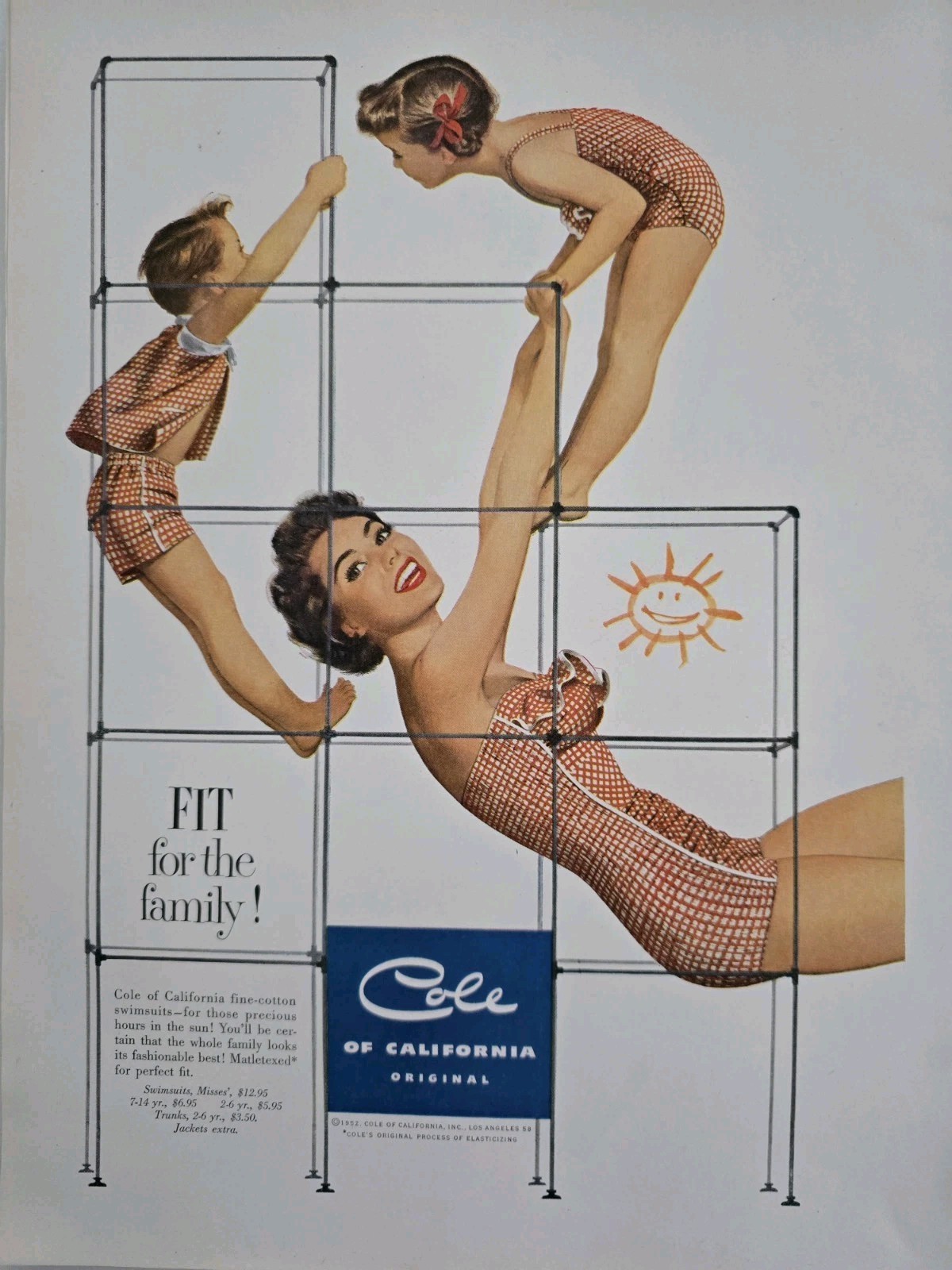 1952 Cole Of California Women\'s Girls Boys Red plaid cotton swimsuit Vintage Ad