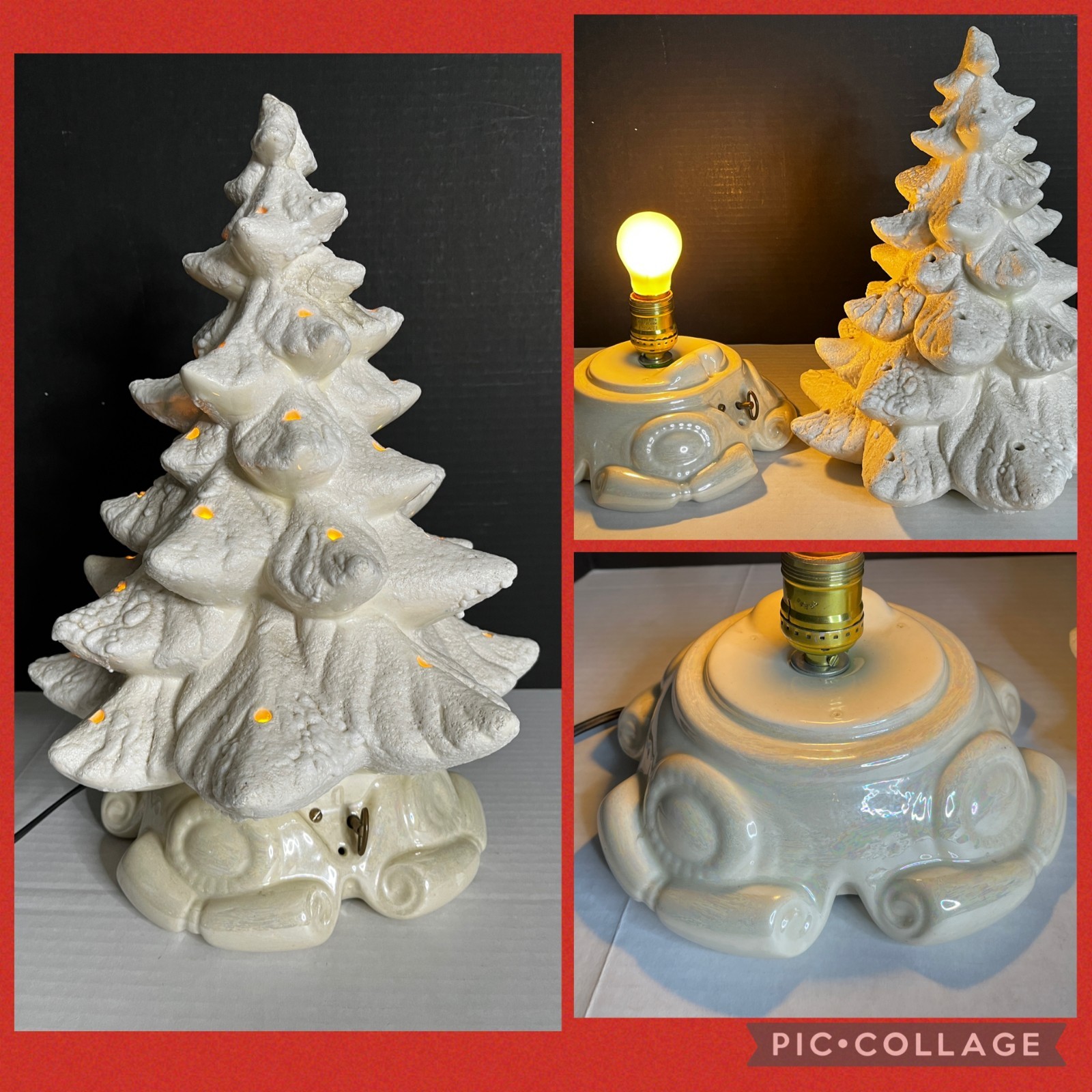 Vtg 70s CERAMIC White Flocked CHRISTMAS TREE w/Stand & Music Box 15\'\' NO LIGHTS