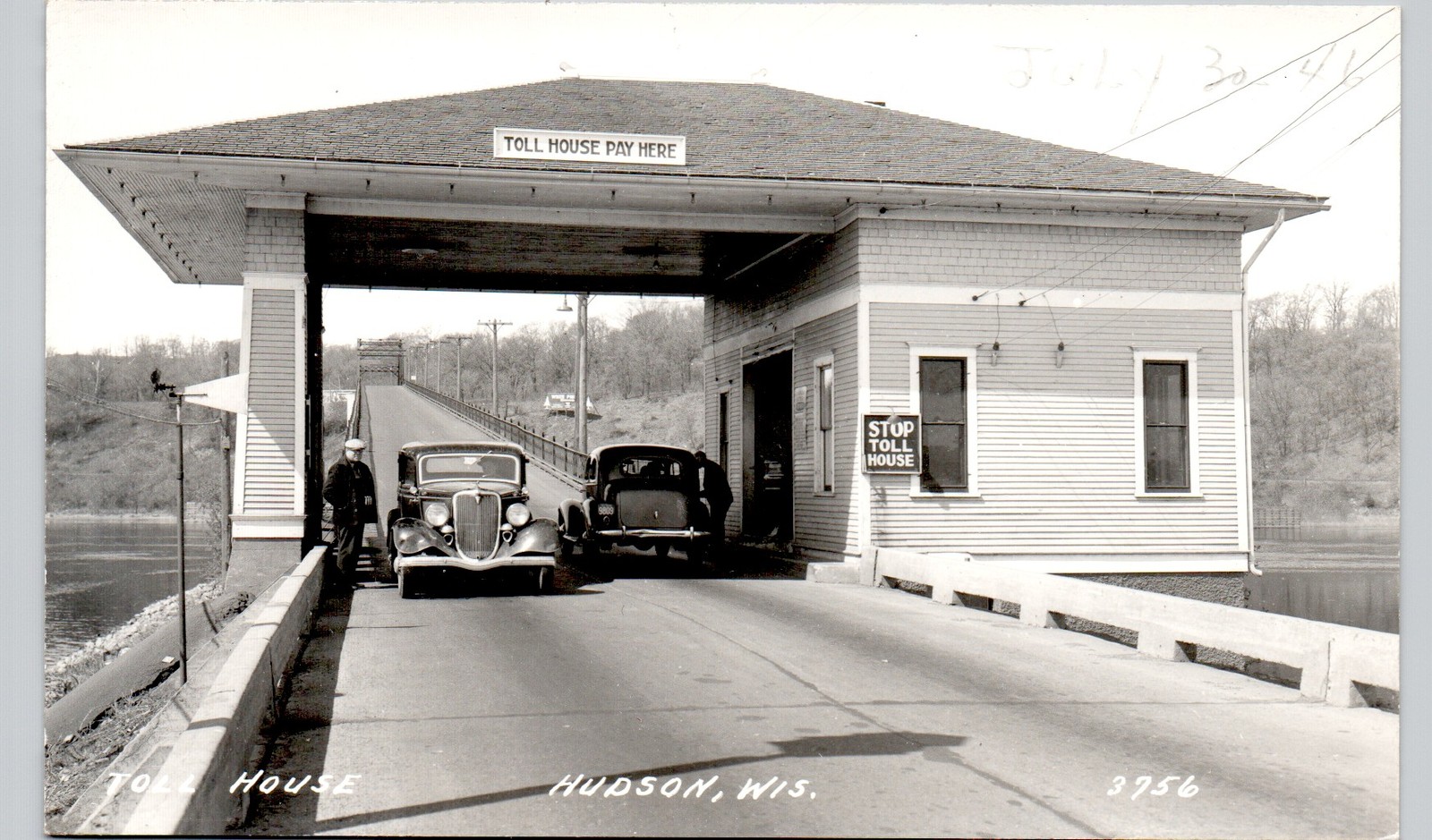 TOLL BOOTH HOUSE hudson wi c1940 postcard wisconsin real photo rppc road car