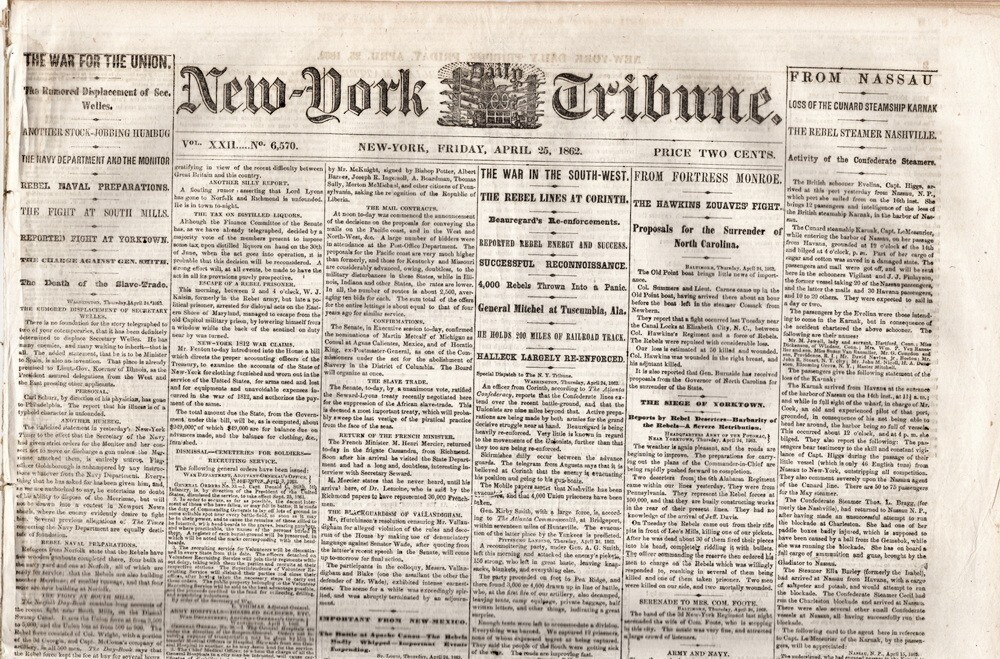 NY Tribune Newspaper, April 25, 1862, Civil News at Corinth & Fortress Monroe+++
