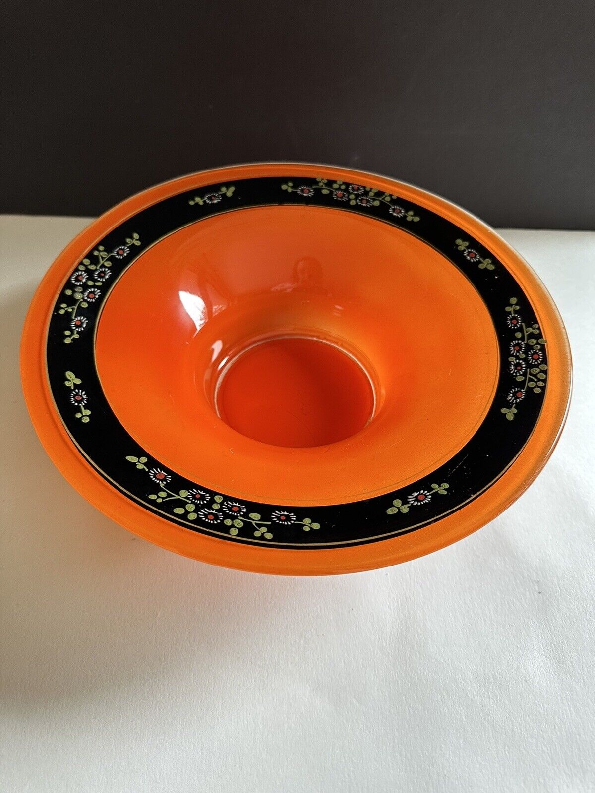 Czech Lancaster Marguerite Glass Footed Bowl Art Deco 11” Reverse Painted Orange