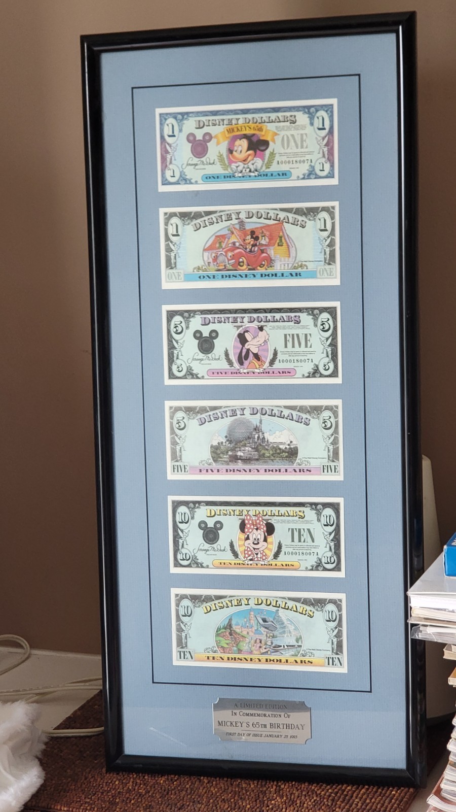 Framed 1993 Limited Edition DISNEY DOLLAR Set ~Mickey's 65th Birthday~ FDOI NICE