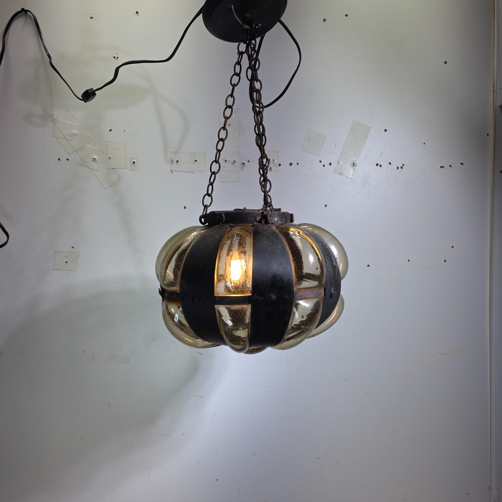 Vintage Caged Blown Glass Pumpkin Pendant Light Spanish Iron Onion Lamp Green Vintage Caged Blown Glass Pumpkin Pendant Light Spanish Iron Onion Lamp Green