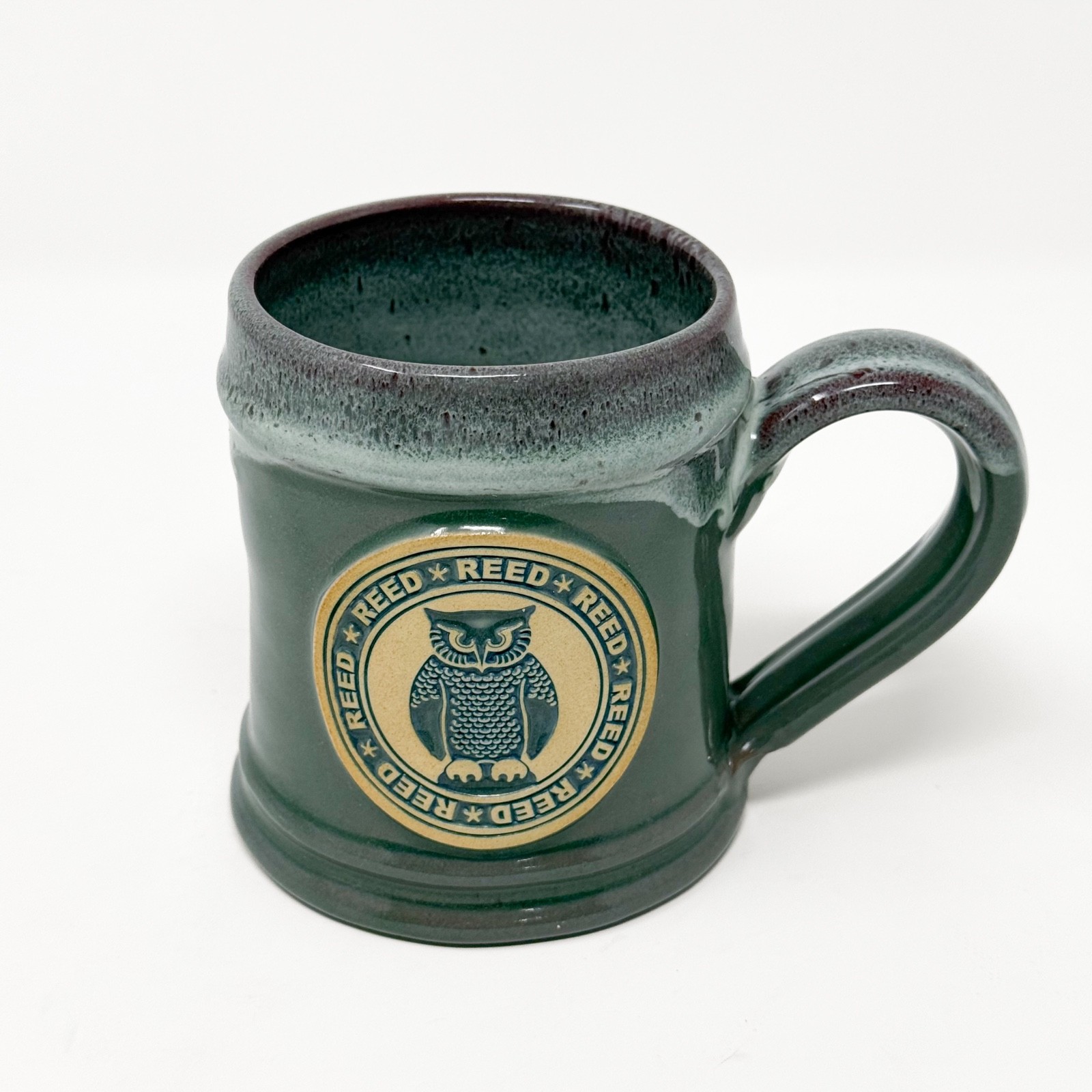 2012 Deneen Pottery Reed College Owl Mug Hand Thrown Green Stoneware USA 2012 Deneen Pottery Reed College Owl Mug Hand Thrown Green Stoneware USA