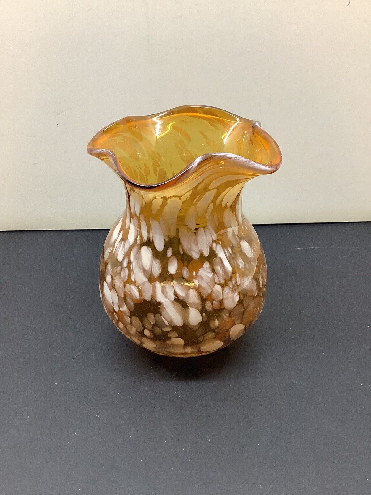 Vintage Art Glass Hand Blown Amber & White Splatter Swirl Vase Pontil 5”