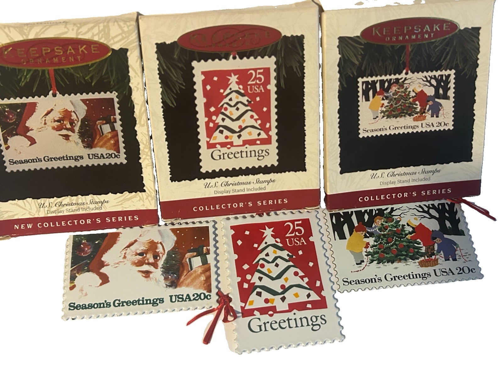 COMPLETE SET HALLMARK KEEPSAKE ORNAMENTS U.S. CHRISTMAS STAMPS•w Stand/Box•Mint