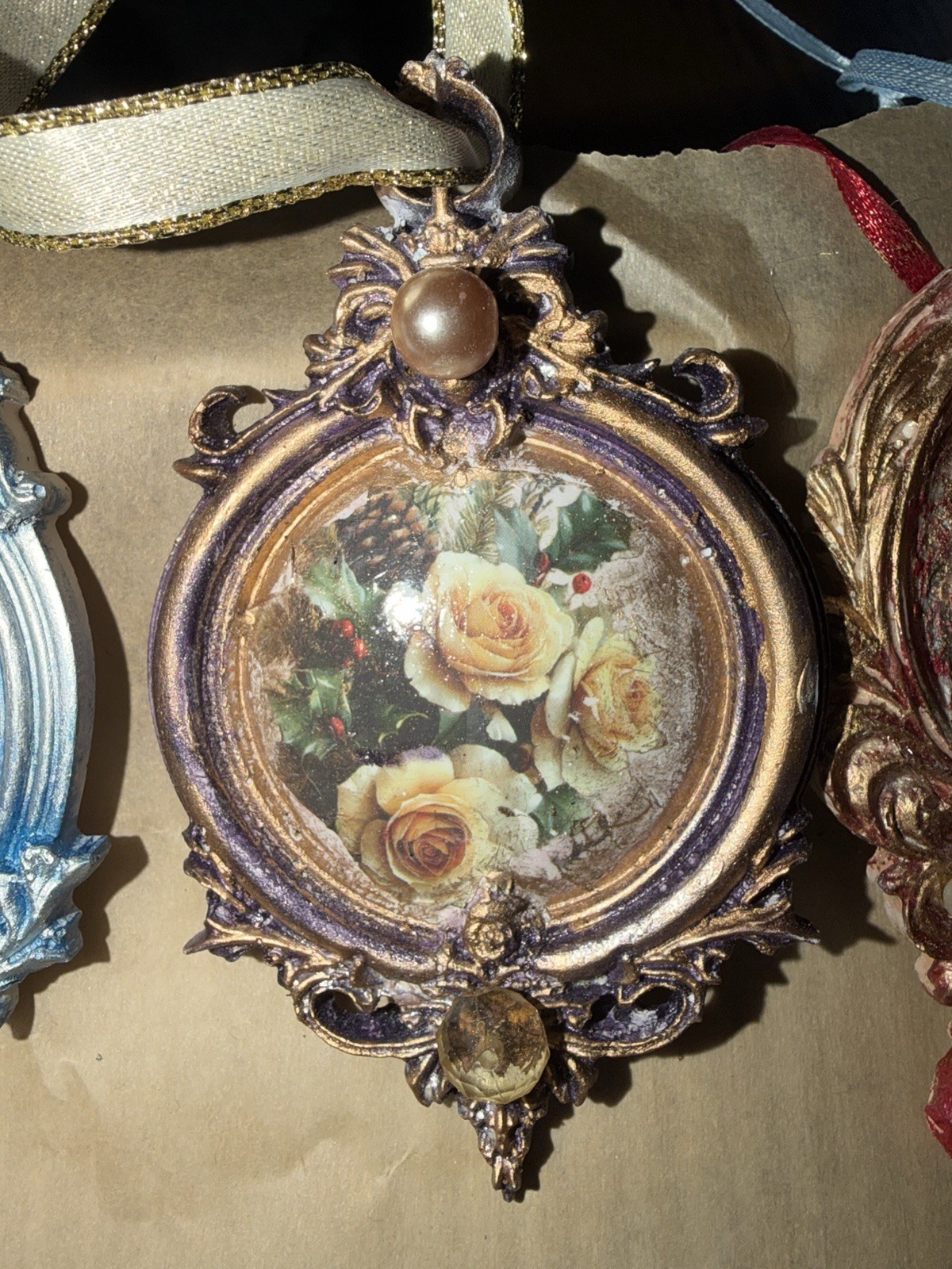 Gold Oval Floral Frame Christmas Ornament w/ Ribbon, Roses Holiday Decor
