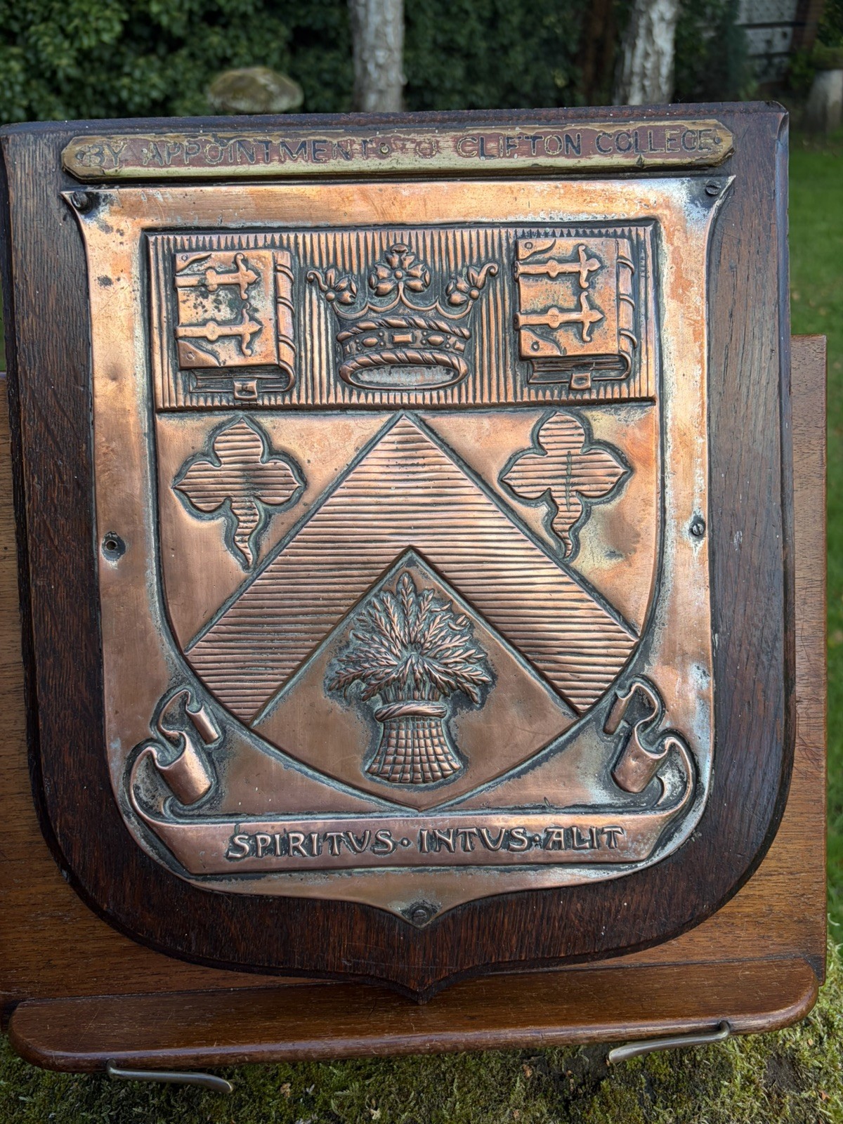 Antique Clifton College Bristol Plaque Shield Silvered Copper on Oak 14 Antique Clifton College Bristol Plaque Shield Silvered Copper on Oak 14