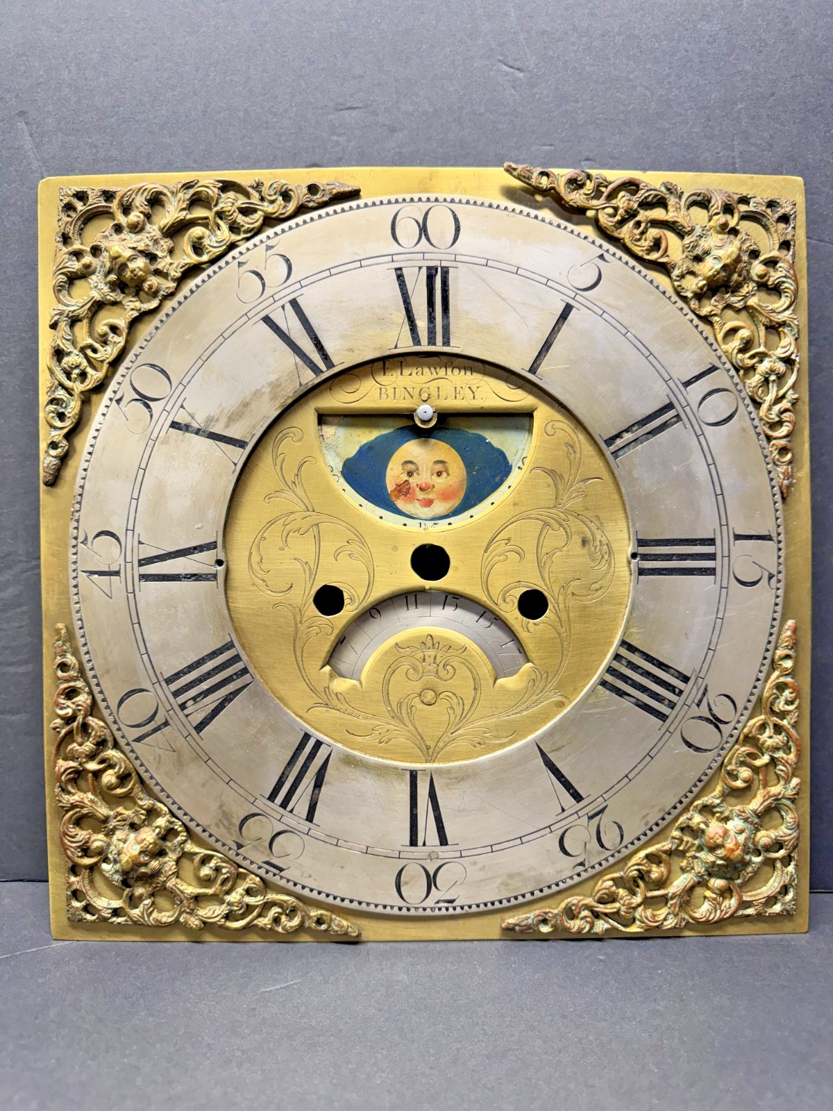 Beautiful Antique Brass Clock Dial- John Lawson of Bingley c. 1700\'s Beautiful Antique Brass Clock Dial- John Lawson of Bingley c. 1700\'s