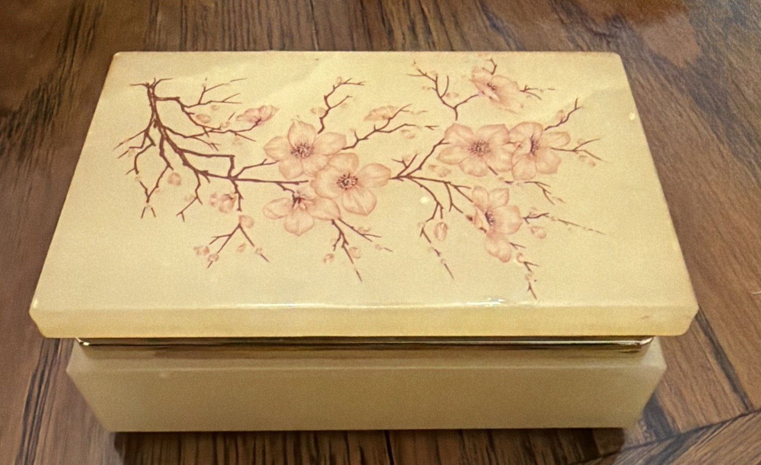 Vtg 60s Italian Made Alabaster Trinket Jewelry Box Hand Carved Cherry Blossom