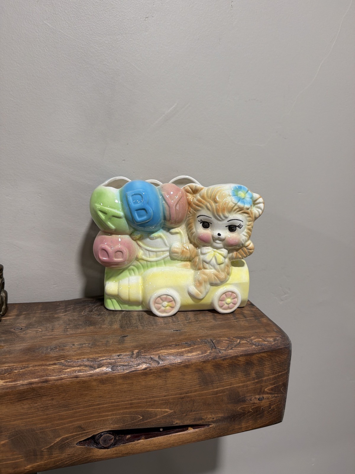 Vintage Ceramic Baby Nursery Planter Pastel Balloons Animal Cart Vintage Ceramic Baby Nursery Planter Pastel Balloons Animal Cart