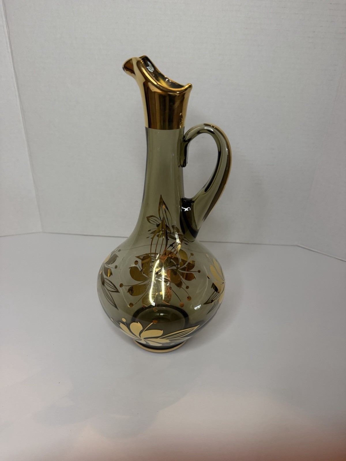 MCM Vintage Romanian Liquor Decanter Gold Flowers With Handblown Smokey Glass MCM Vintage Romanian Liquor Decanter Gold Flowers With Handblown Smokey Glass