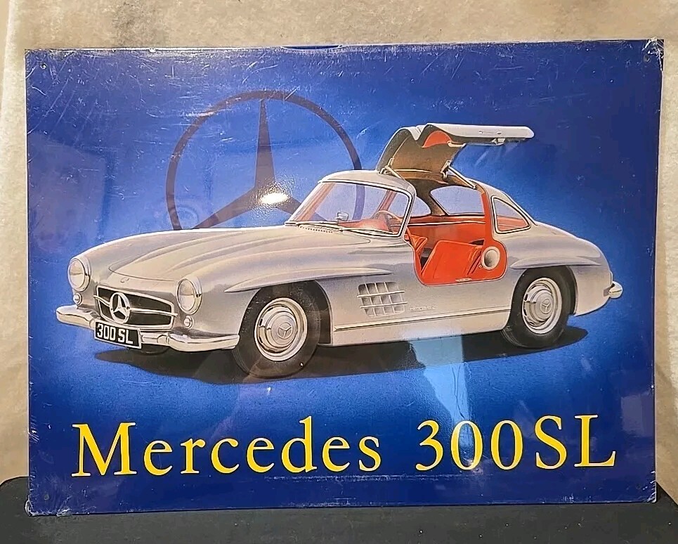 Mercedes Benz 300 SL Gullwing Metal Tin Sign Silver on Blue 16x12\ Mercedes Benz 300 SL Gullwing Metal Tin Sign Silver on Blue 16x12\
