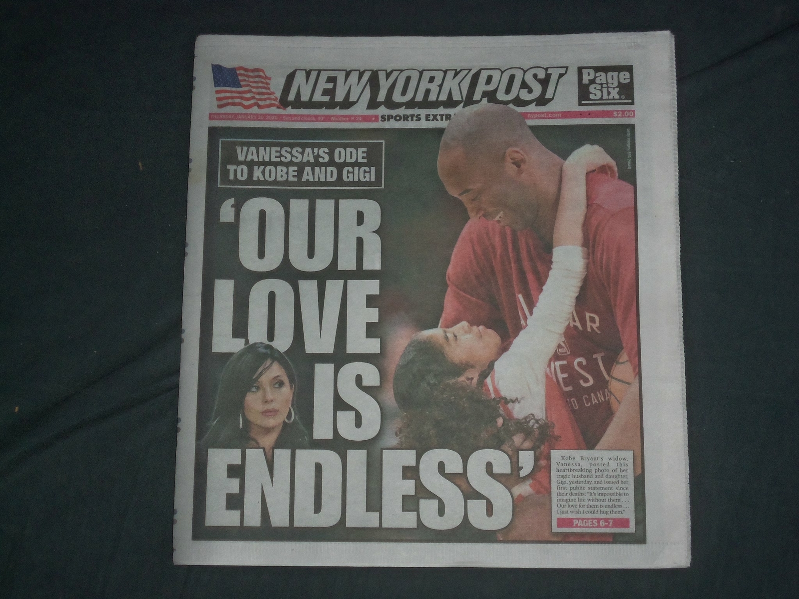 2020 JANUARY 30 NEW YORK POST NEWSPAPER - VANESSA BRYANT ISSUES PUBLIC STATEMENT 2020 JANUARY 30 NEW YORK POST NEWSPAPER - VANESSA BRYANT ISSUES PUBLIC STATEMENT