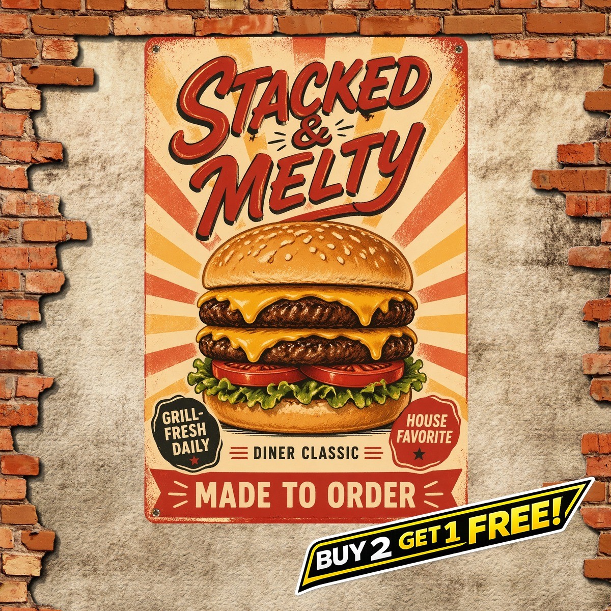 Central Stacked Cheeseburger Illustration Vintage Burger Diner Tin Sign