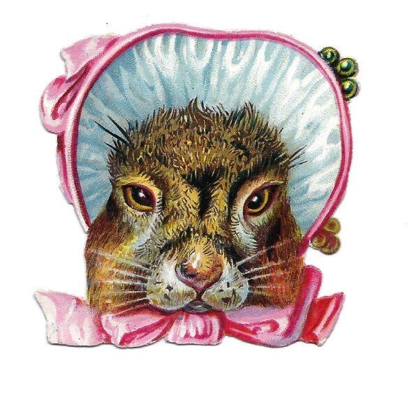 1888 Chromo decoupis, GLOSSY VICTORIAN BUNNY BONNET Antique Die-Cut Scrap, 2\ 1888 Chromo decoupis, GLOSSY VICTORIAN BUNNY BONNET Antique Die-Cut Scrap, 2\