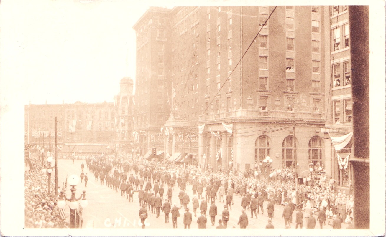 MARCHING DOWN STREET chicago il illinois real photo postcard rppc historic