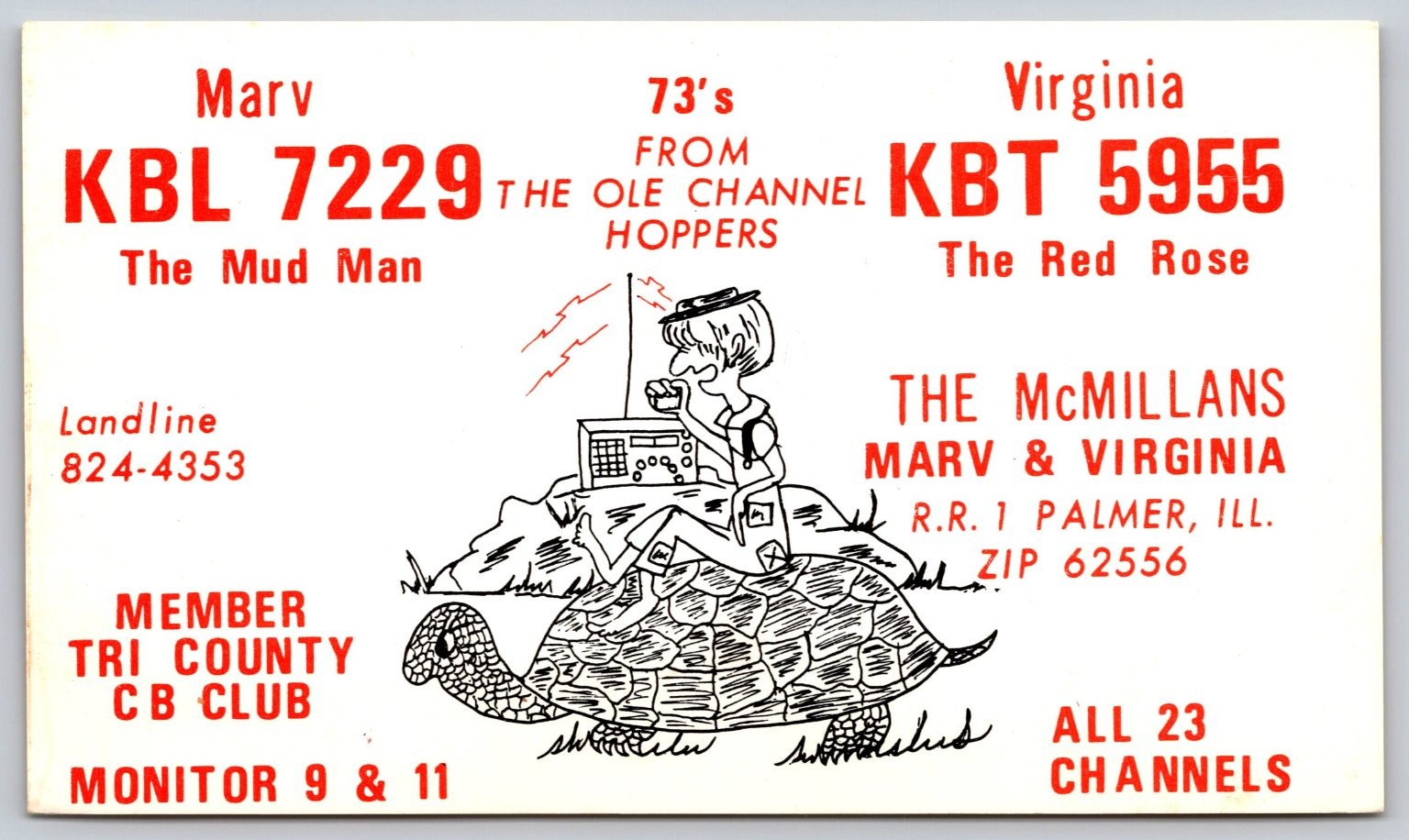 Vintage CB Radio QSL Postcard 1969 - McMillans Palmer, IL - Turtle Cartoon B172 Vintage CB Radio QSL Postcard 1969 - McMillans Palmer, IL - Turtle Cartoon B172