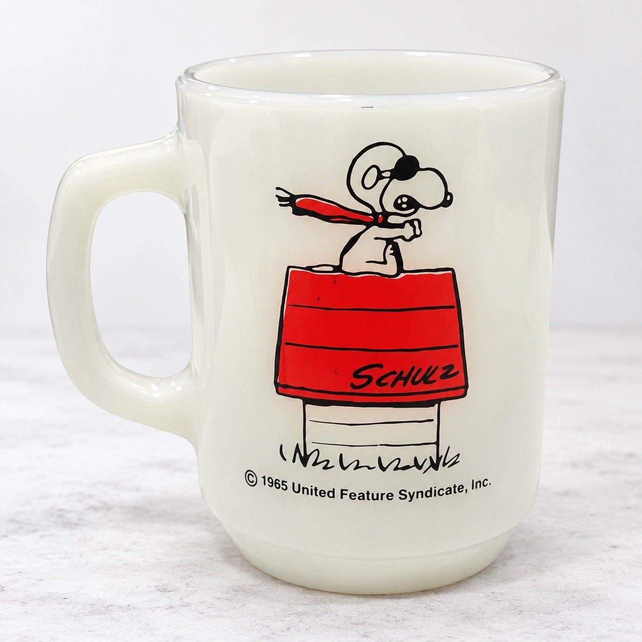 Vintage Anchor Hocking Snoopy Curse You Red Baron Milk Glass Mug 301 USA
