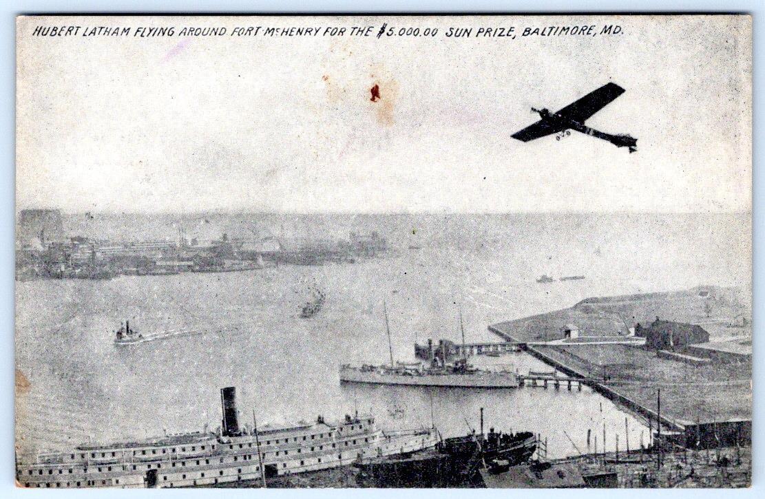 1910's LATHAM FLYING FT McHENRY FOR $5000 PRIZE HALETHORPE BALTIMORE MD POSTCARD