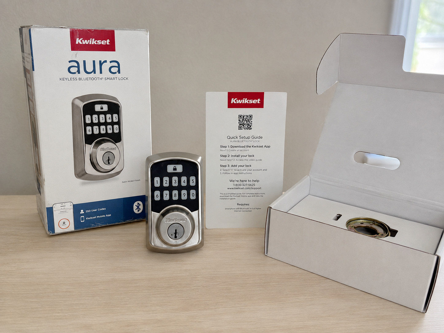 Kwikset Aura Bluetooth Keypad Lock Deadbolt with SmartKey Security Satin Nickel Kwikset Aura Bluetooth Keypad Lock Deadbolt with SmartKey Security Satin Nickel