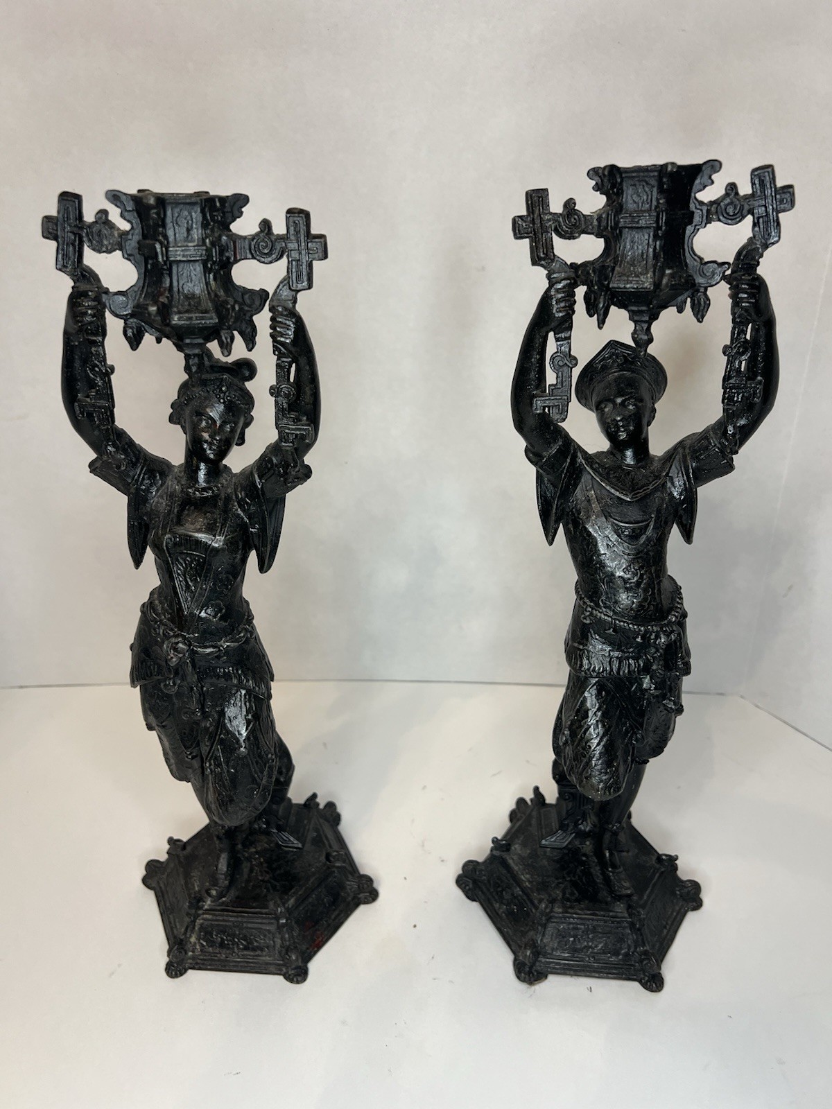Rare Antique Pair Of Spelter? Metal Blackamoor Candlesticks Orientalist Rare Antique Pair Of Spelter? Metal Blackamoor Candlesticks Orientalist