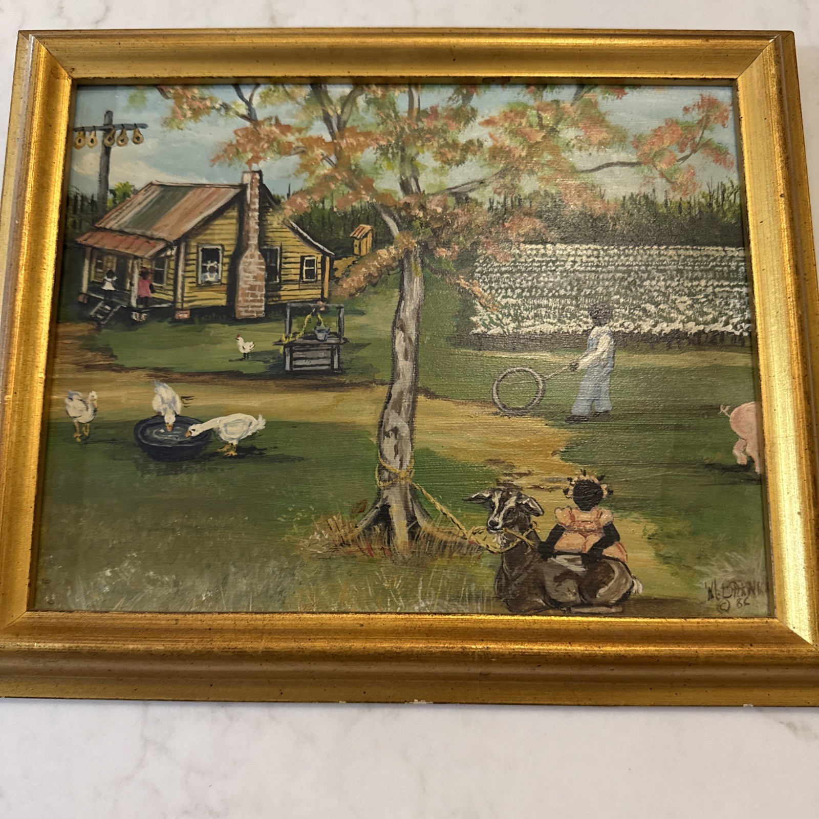 Mary Barwick Framed Black Americana Rural Farm Scene Print 1986 10x8