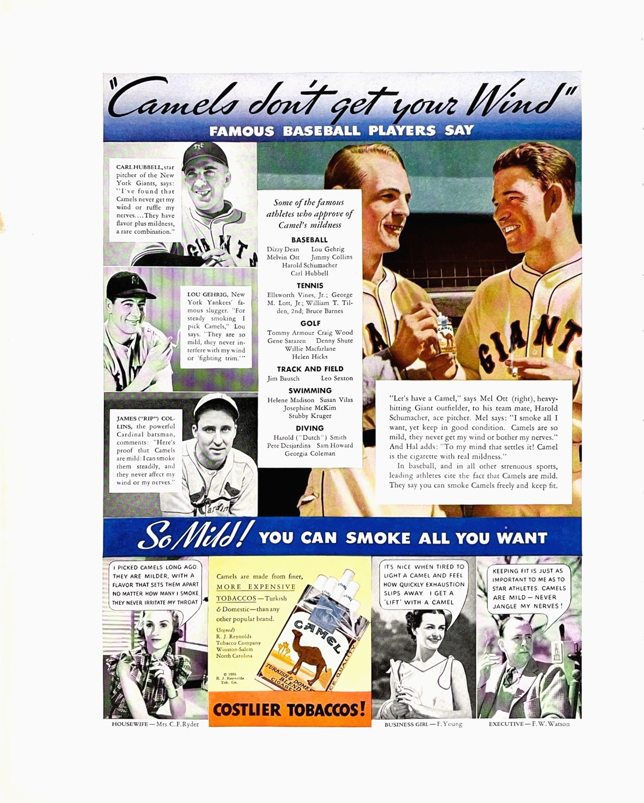 Camel Cigarettes Lou Gehrig Mel Ott Carl Hubbell Baseball 1935 Magazine Print Ad