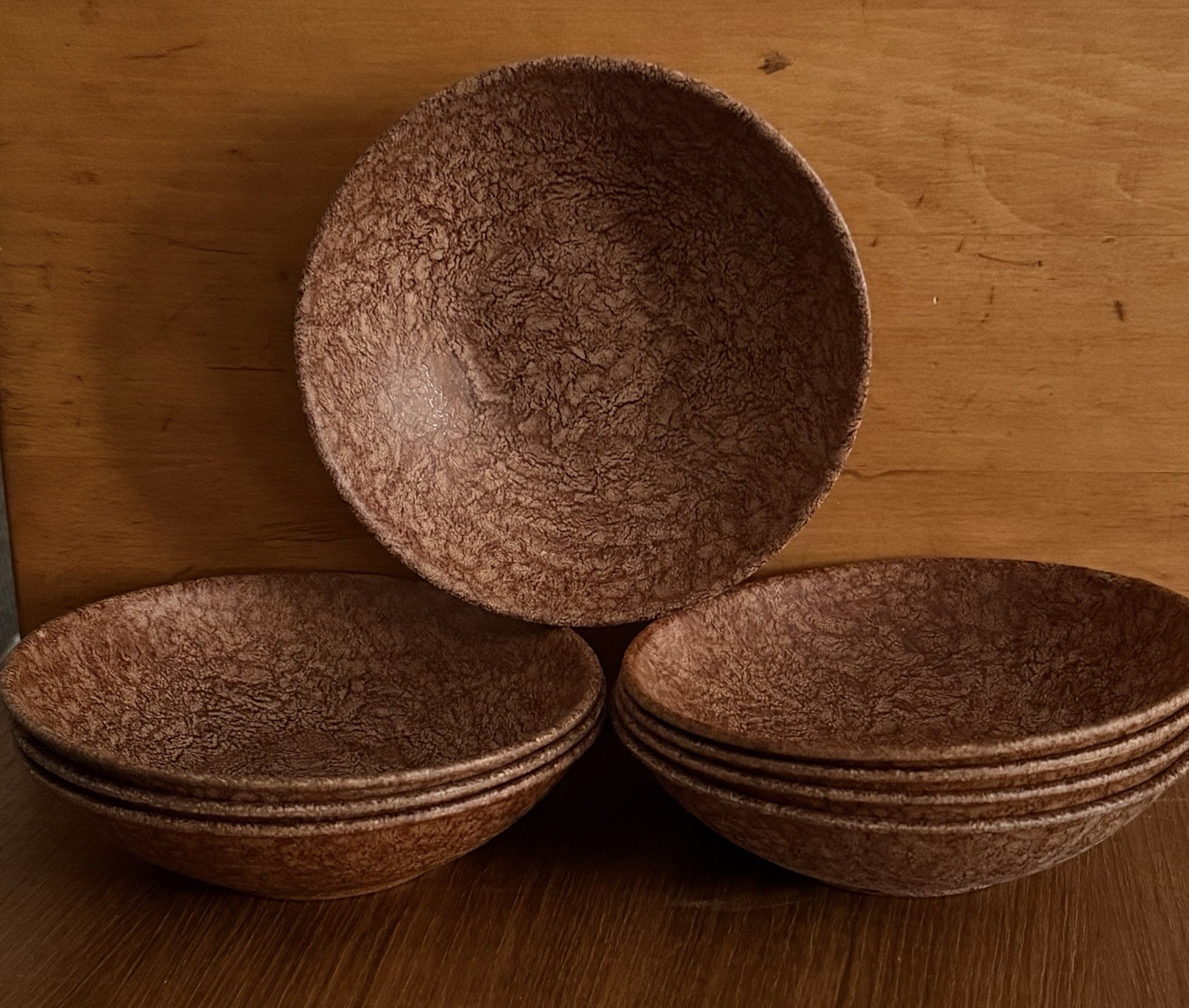 EUC Vintage 6” Boltalite Faux Wood Melamine Salad Dessert Bowls Set of 8 USA