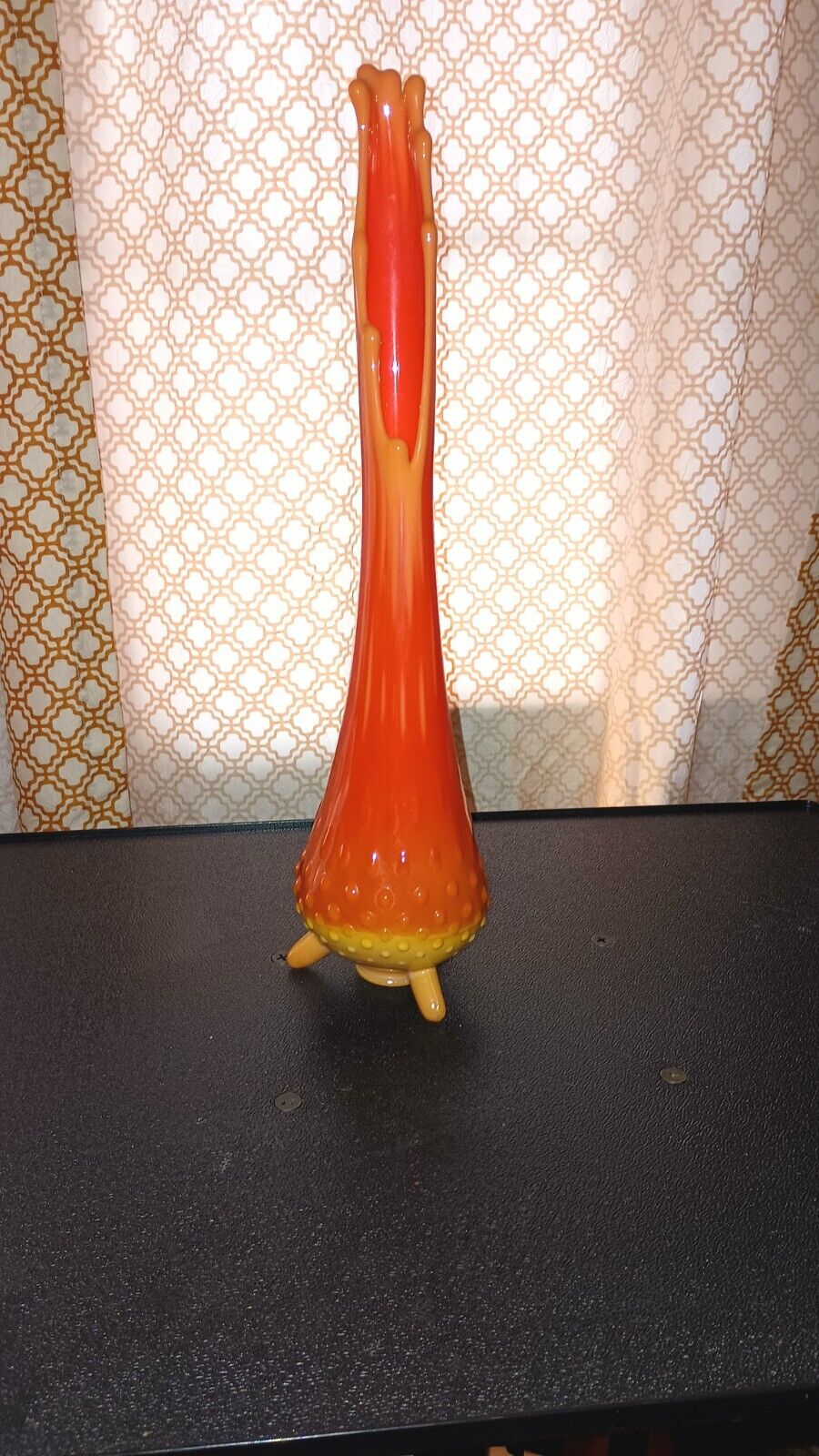 Mid Century Bittersweet Orange Swung  Vase Footed 3 Toe, 16.” Hobnail
