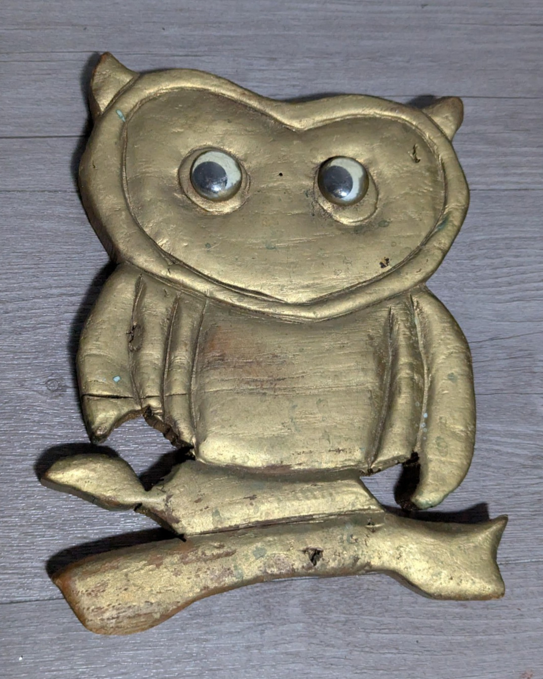Vtg Hand Carved Wood Owl Figurine 8.75” Folk Art Googly Eyes Gold Rustic Decor