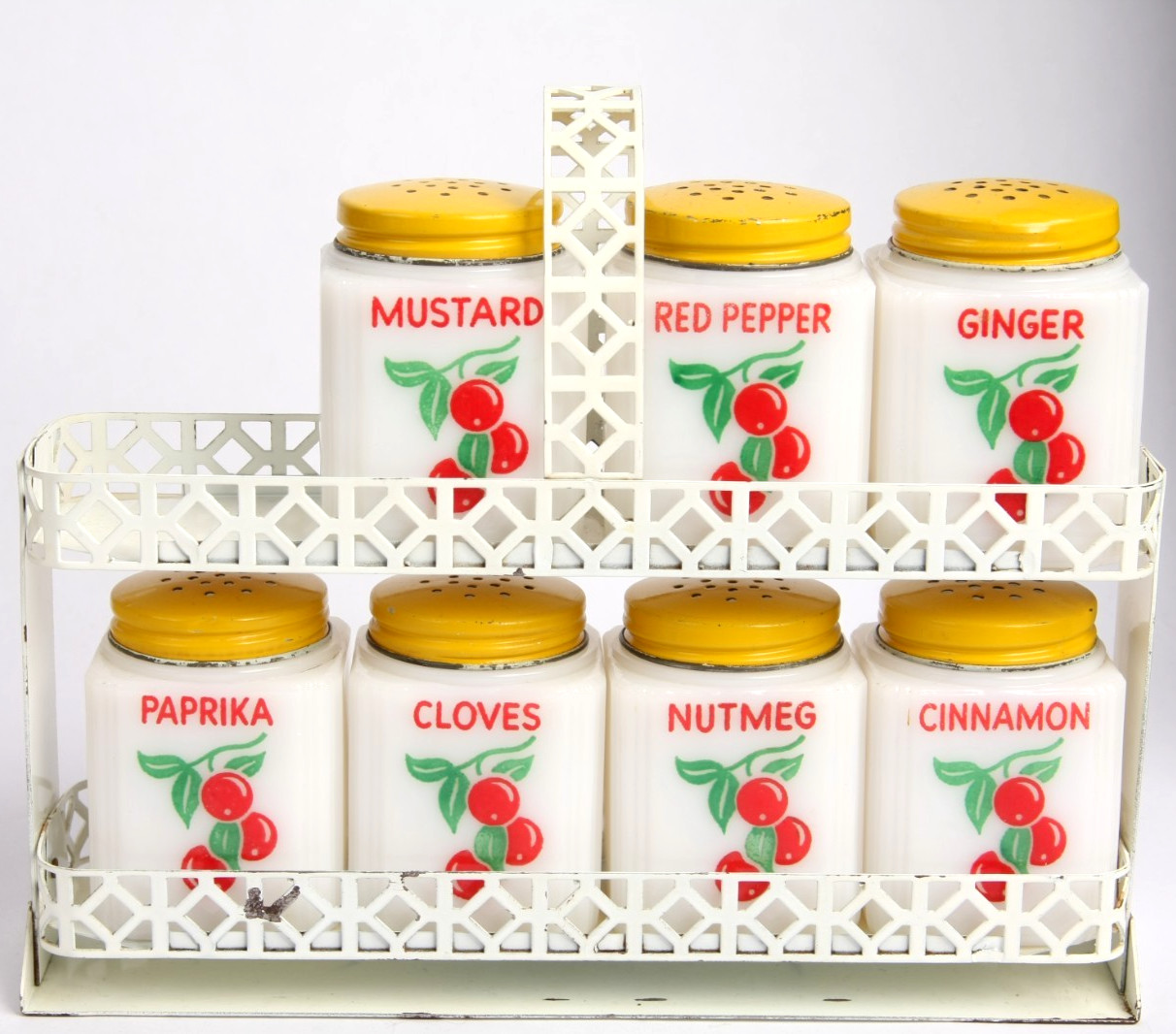 Vtg McKee Tipp Cherries Milk Glass Spice Shaker Set 7 pcs Tilt Rack Yellow Lids