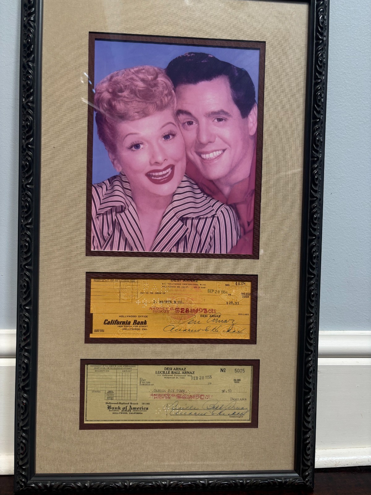 Lucille Ball & Desi Arnez Signed Checks. Matted w/CoA