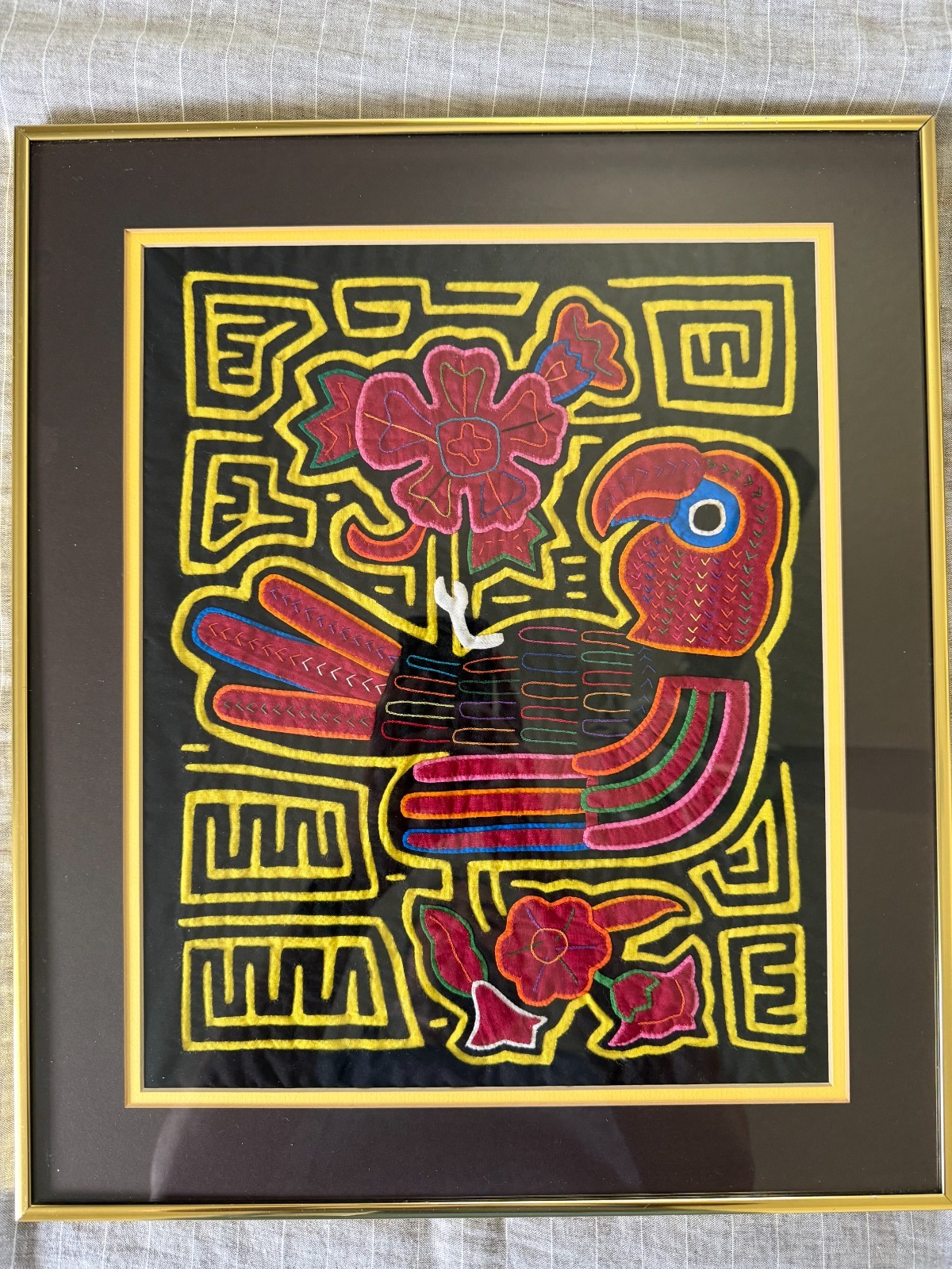 Vintage Kuna Mola Parrot Panama San Blas Hand Stitched Reverse Applique Framed