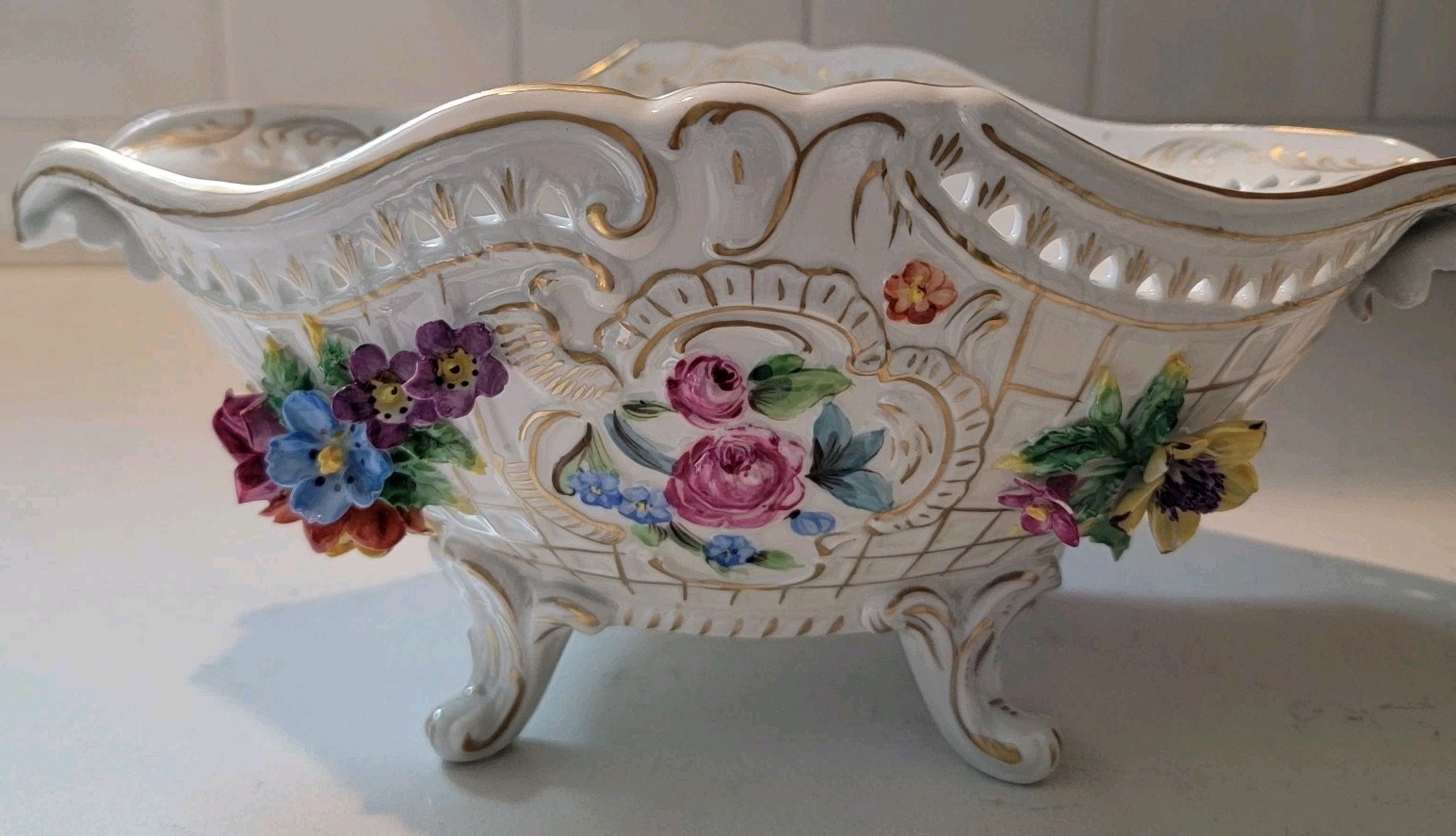 Dresden Porcelain Hand Painted Footed Bowl Decorative Dish AS IS Vtg 12 3/4 Long Dresden Porcelain Hand Painted Footed Bowl Decorative Dish AS IS Vtg 12 3/4 Long