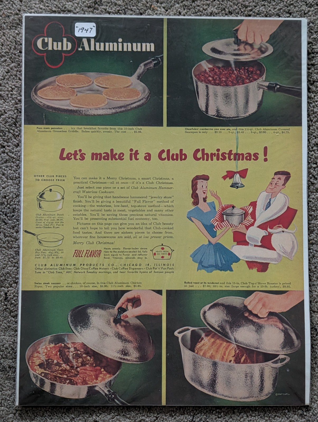 1947 VTG Orig Magazine Ad Let's Make It A Club Aluminum Christmas Pots Dishes 