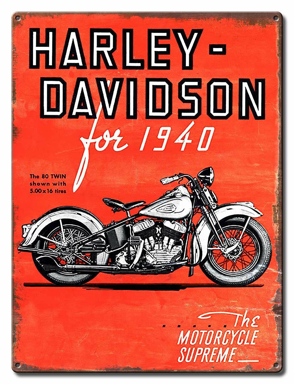 HARLEY DAVIDSON MOTORCYCLES FOR 1940 80 TWIN HEAVY DUTY USA MADE METAL ADV SIGN HARLEY DAVIDSON MOTORCYCLES FOR 1940 80 TWIN HEAVY DUTY USA MADE METAL ADV SIGN
