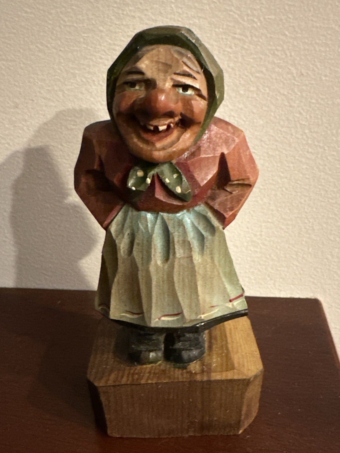 Vintage Hand Carved Wood Women  Anri Style Figurine Folk Art Wooden 5”