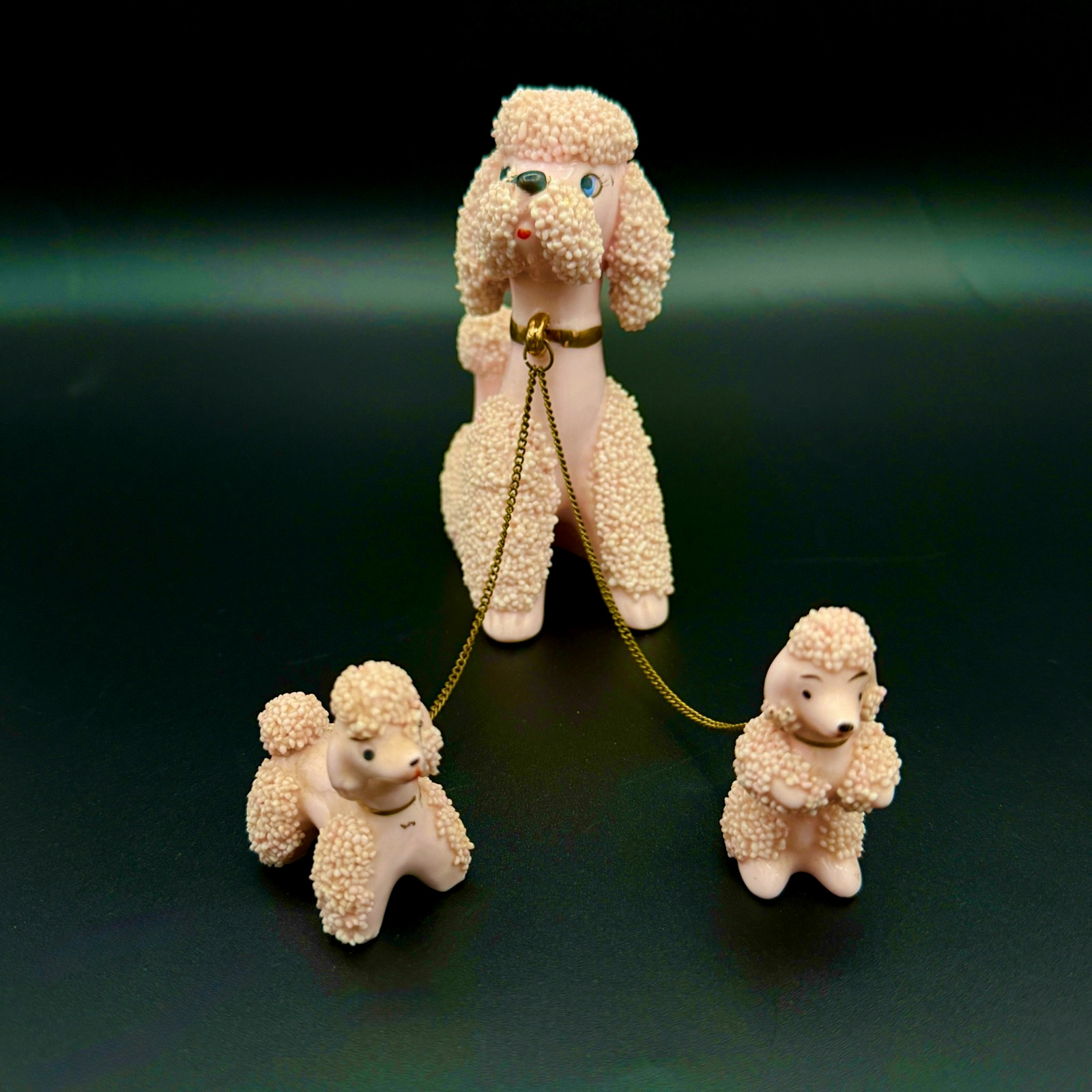 Vintage Pink Poodle Chain Family Trio Porcelain w/ Beaded Accents 1950\'s Japan