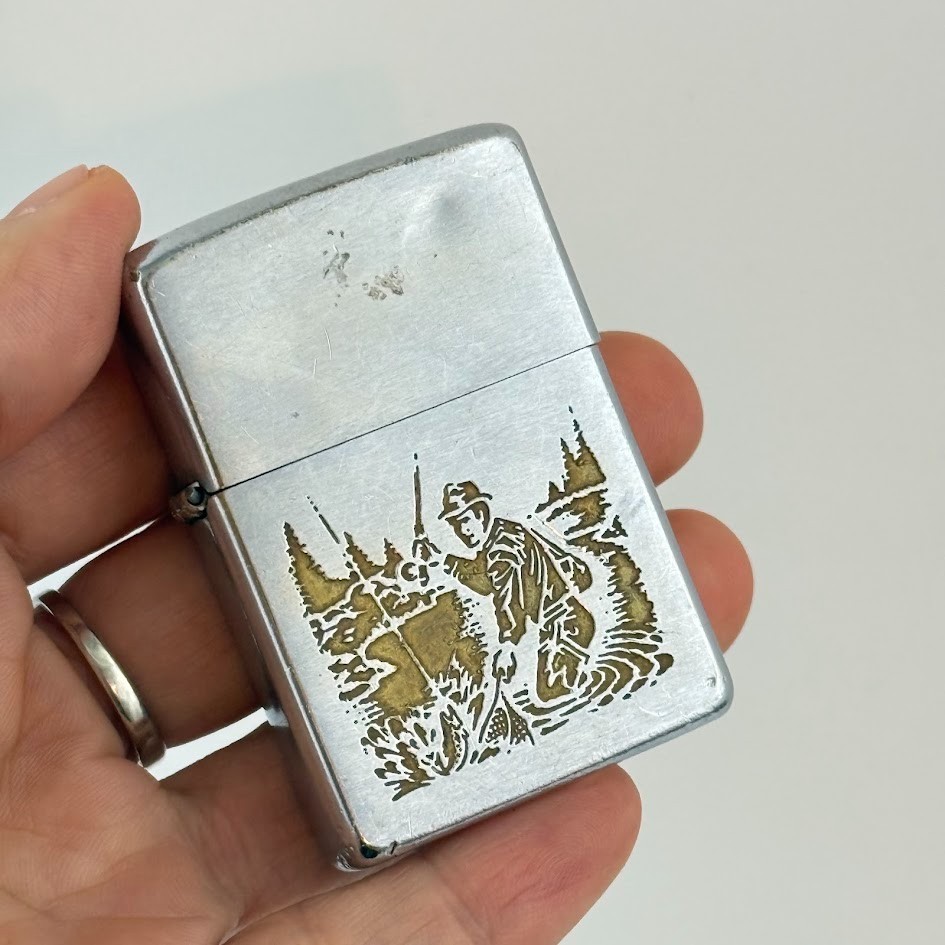 Vintage Zippo 1979 Town Country Lighter Trout Fly Fishing Etched Fisherman