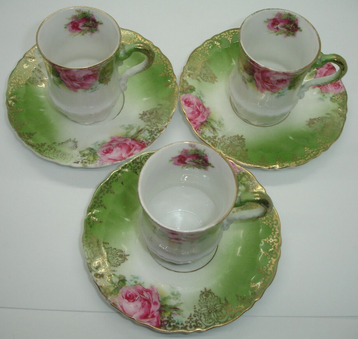 3 antique CT CARL TIELSCH demitasse tea Cup Saucer Sets rose green gold GERMANY 3 antique CT CARL TIELSCH demitasse tea Cup Saucer Sets rose green gold GERMANY