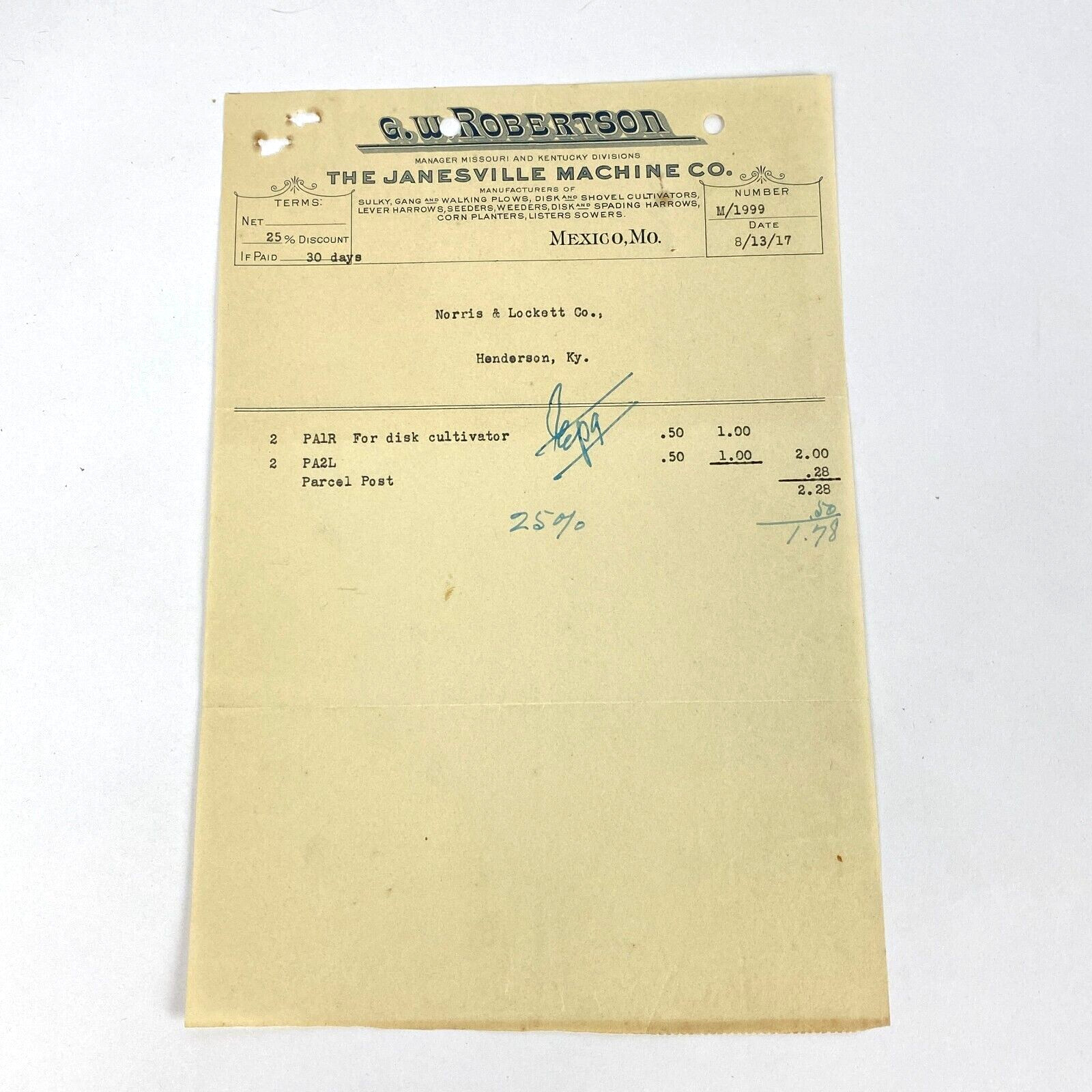 1917 Receipt The Janesville Machine Co Disc Cultivator Mexico MO Vintage 1917 Receipt The Janesville Machine Co Disc Cultivator Mexico MO Vintage