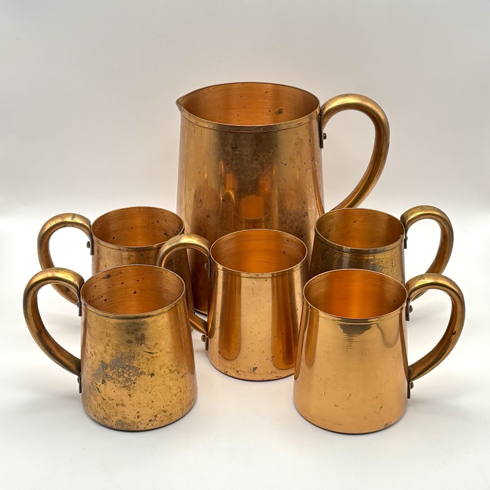 Vintage West Bend Copper Pitcher + 5 Mugs Cups Stamped Solid Copper WB