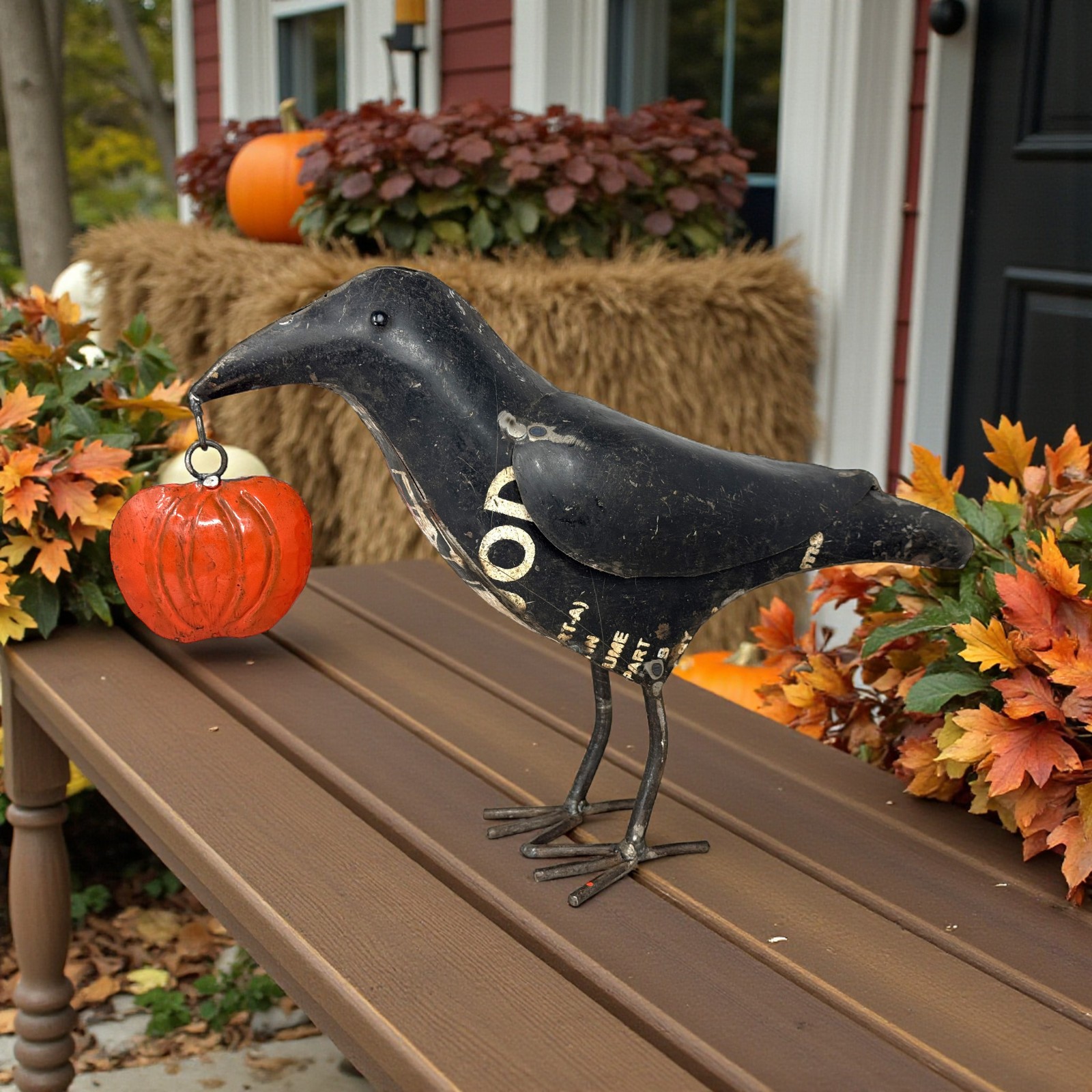 Recycled Scrap Metal Crow with Pumpkin Statue 14.5