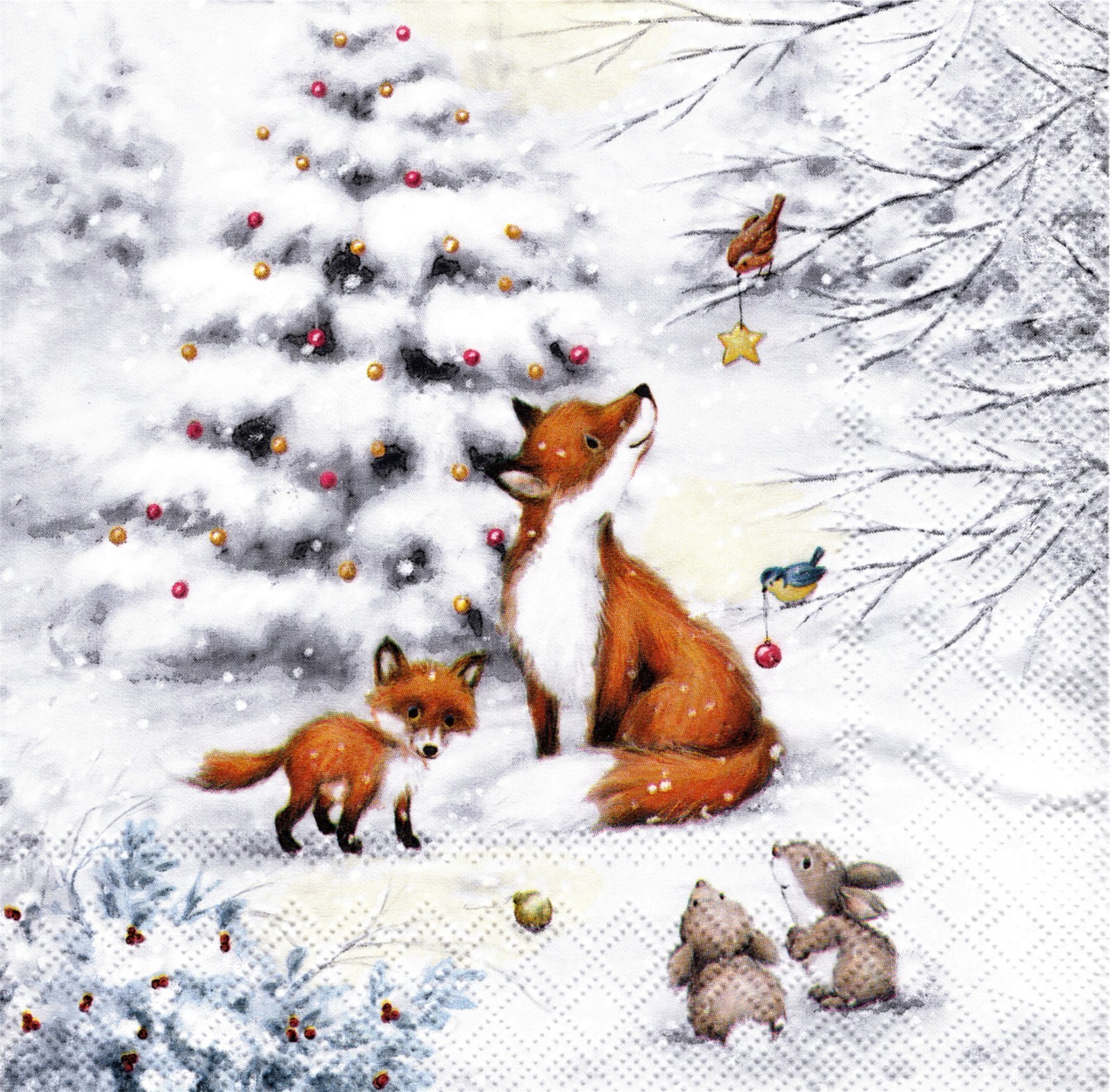 (2) Two Paper Lunch Napkins 4 Decoupage/Mixed Media - Fox in Forest winter