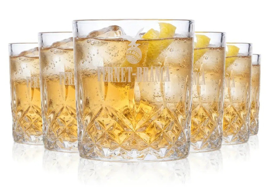 6 Fernet Branca Tumbler Glasses, Fernet Pin & Fernet Bottle Pourer